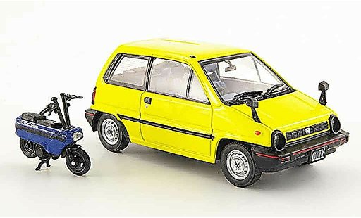 Honda City Motocompo 1/43 Ebbro amarillo avec Minimotorrad 1981 coche miniatura