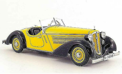 Audi 225 roadster 1/18 CMC front negro/amarillo 1935 coche miniatura