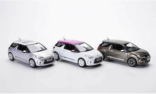 DS Automobiles DS3 Berline 1/43 Norev 3er-Set: blanco/Flower - gris/Grafic Art y oliv/Falvio 2012 coche miniatura