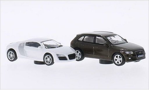 Audi R8 coupe 1/87 Schuco blanco/gris + Q5 marron coche miniatura