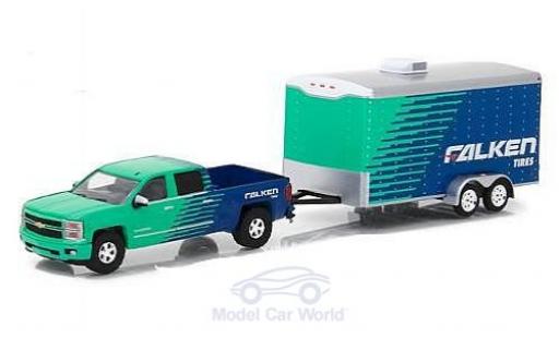 Chevrolet Silverado 1/64 Greenlight verde/azul Falken Tire 2015 mit Anhänger coche miniatura