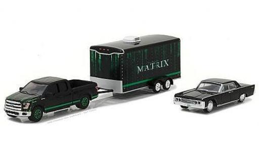 Ford F-1 1/64 Greenlight 50 negro/verde 2015 with 1995 Lincoln Continental and Enclosed Trailer coche miniatura