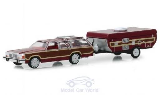 Ford LTD 1/64 Greenlight Country Squire rojo/Holzoptik 1981 mit Pop-Up Camper Trailer coche miniatura