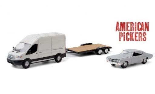 Ford Transit 1/64 Greenlight LWB HD blanco American Pickers 2015 avec Zweiachsanhänger et 1970 Chevrolet Chevelle Malibu coche miniatura