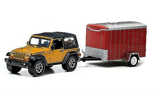 Jeep Wrangler Rubicon 1/64 Greenlight X amarillo y 1-Achs-Anhanger 2014 coche miniatura