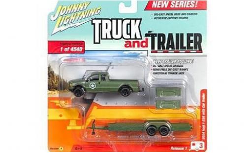 Ford F-250 1/64 Johnny Lightning oliv 2004 mit Flatbed Anhänger ohne Vitrine coche miniatura