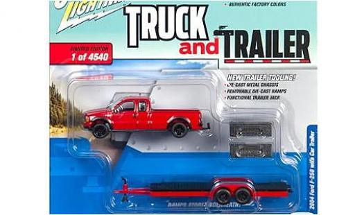 Ford F-250 1/64 Johnny Lightning rojo 2004 avec Flatbed remorque sans Vitrine coche miniatura