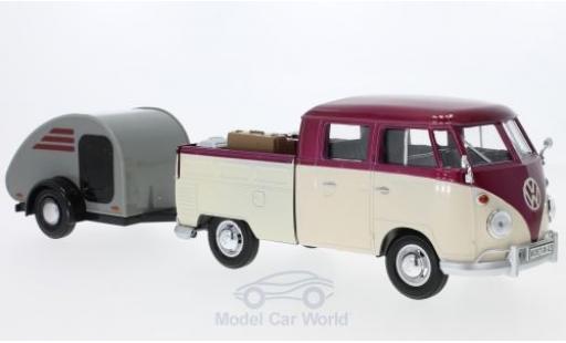 Coche miniatura Volkswagen T1 B 1/24 Motormax Doppelkabine metalico rojo/beige mit Surfboard und Teardrop-Anhänger Volkswagen T1 B 1/24 Motormax Doppelkabine metalico rojo/beige mit Surfboard und Teardrop-Anhänger coche miniatura