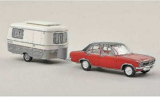 Opel Ascona A Base 1/87 Brekina rojo/negro con Eriba Wohnwagen coche miniatura