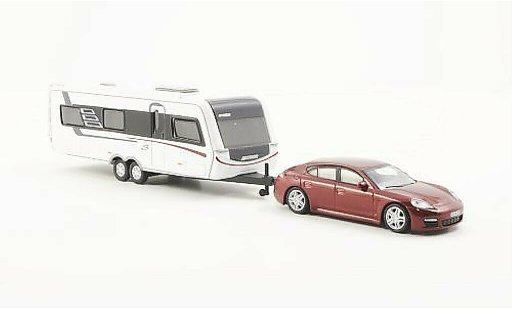 Porsche Panamera Base 1/87 Schuco rojo con Hymer Nova S690 Wohnanhanger coche miniatura