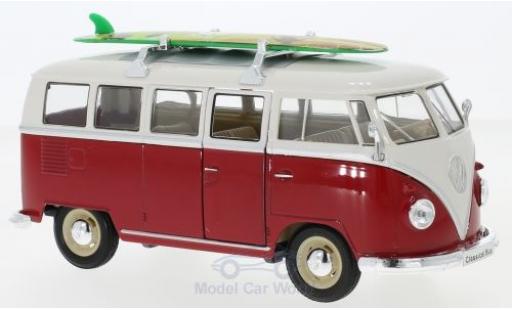 Coche miniatura Volkswagen T1 1/24 Welly Bus rojo/blanco 1963 mit Dachgepäckträger und Surfboard Volkswagen T1 1/24 Welly Bus rojo/blanco 1963 mit Dachgepäckträger und Surfboard coche miniatura